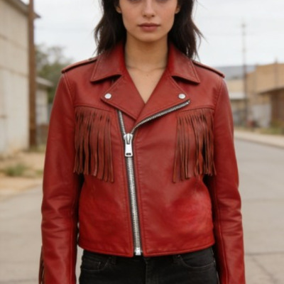 Crafted leather classic designer red leather fashion jacket motorcycle