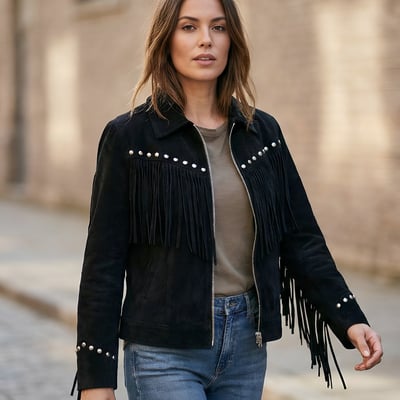 Crafted leather classic designer women black suede silver studded leather fashion jacket motorcycle