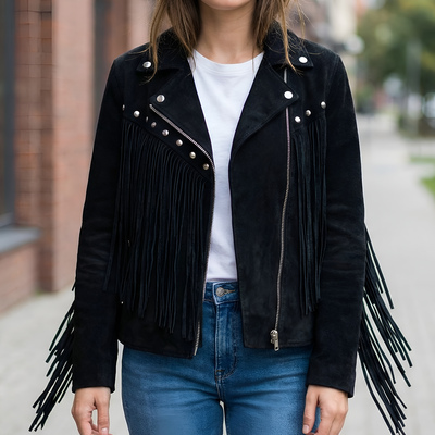 Crafted leather classic designer women black suede silver studded leather fashion jacket motorcycle - Thumbnail 1