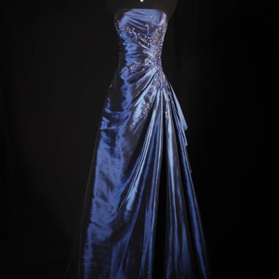 Navy blue strapless satin beaded evening gown