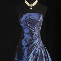 Navy Blue Strapless Satin Beaded Evening Gown - Thumbnail 1