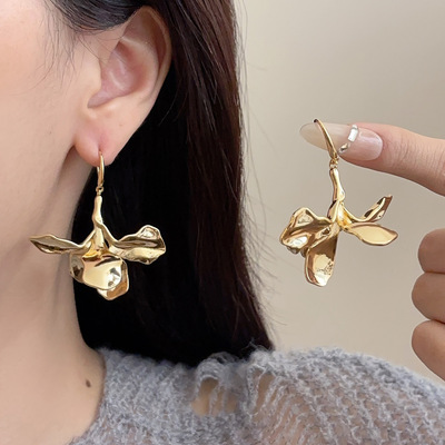 S925 sterling silver iris flower dangle earrings, metallic drop earrings, minimalist statement jewelry, cold wind style