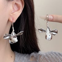 S925 Sterling Silver Iris Flower Dangle Earrings, Metallic Drop Earrings, Minimalist Statement Jewelry, Cold Wind Style - Thumbnail 1