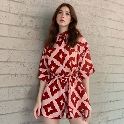 Loose-fitting casual printed tie-up jumpsuit shorts - Thumbnail 1