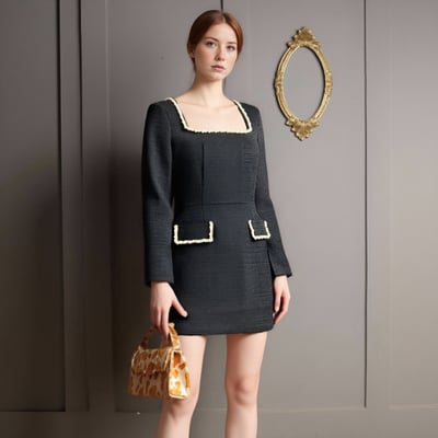 U-neck long-sleeved dress with bead embellishments