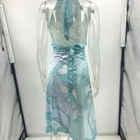 Printed satin halter-neck backless top and irregular hem skirt two-piece set - Thumbnail 2