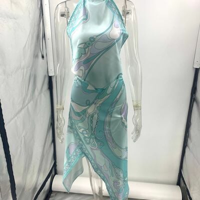 Printed satin halter-neck backless top and irregular hem skirt two-piece set