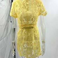 Sexy sheer lace trim yellow round neck short dress - Thumbnail 2