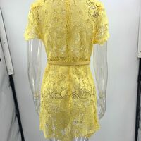 Sexy sheer lace trim yellow round neck short dress - Thumbnail 3