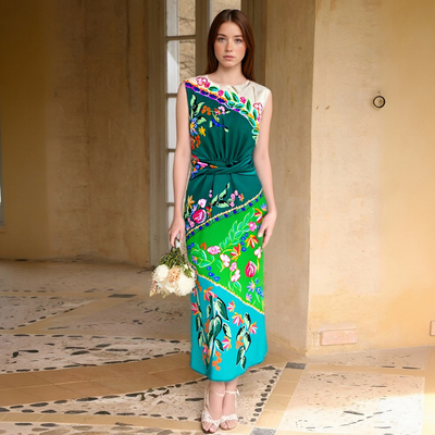 Casual sleeveless satin dress with placement print and knotted detail. - Thumbnail 1