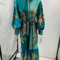 Vacation-style lapel single-breasted long-sleeved dress with puff sleeves and vintage print. - Thumbnail 3