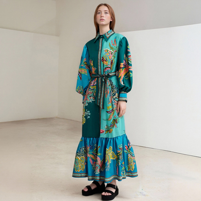 Vacation-style lapel single-breasted long-sleeved dress with puff sleeves and vintage print.