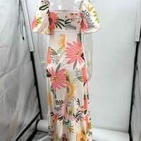 Casual off-the-shoulder printed cotton and linen dress with lantern sleeves. - Thumbnail 1