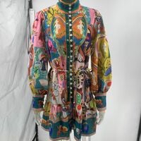 Long-sleeved printed cotton and linen pleated dress with tie-up detail. - Thumbnail 2