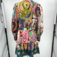 Long-sleeved printed cotton and linen pleated dress with tie-up detail. - Thumbnail 3