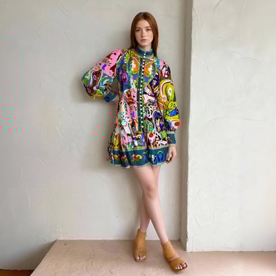 Long-sleeved printed cotton and linen pleated dress with tie-up detail.