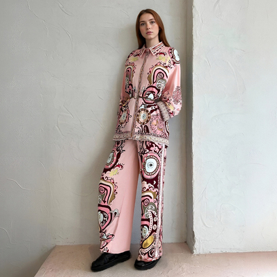 Stylish graffiti print lapel shirt and trousers two-piece set