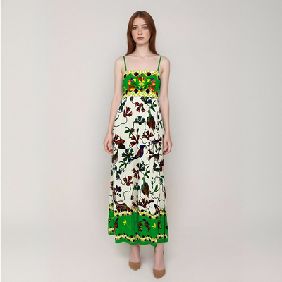 Sleeveless, strappy, cotton and linen blend printed dress