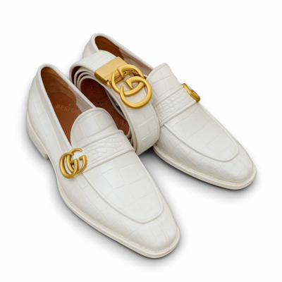 Crafted leather mens designer white crocodile leather moccasin loafers dress shoes