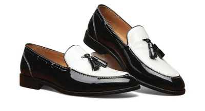 Crafted Leather Mens Designer Black White Tassel Loafers Dress Shoes