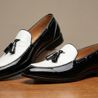 Crafted Leather Mens Designer Black White Tassel Loafers Dress Shoes - Thumbnail 1
