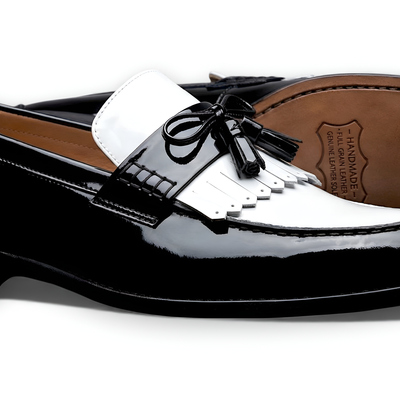Crafted leather mens designer black white tassel loafers dress shoes