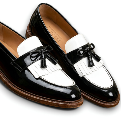 Crafted leather mens designer black white tassel loafers dress shoes