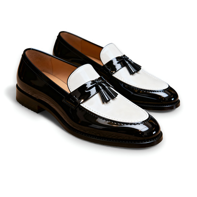 Crafted leather mens designer black white tassel loafers dress shoes
