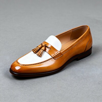 Crafted leather mens designer tan white tassel loafers dress shoes