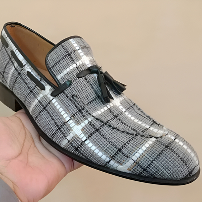 Crafted leather mens designer gray tweed tassel loafers dress shoes