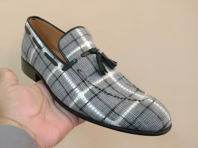 Crafted Leather Mens Designer Gray Tweed Tassel Loafers Dress Shoes