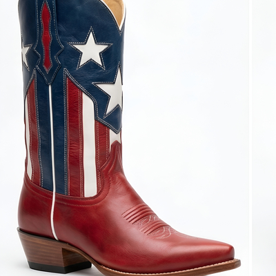 Crafted leather mens red blue and white leather pointed toe cowboy boot