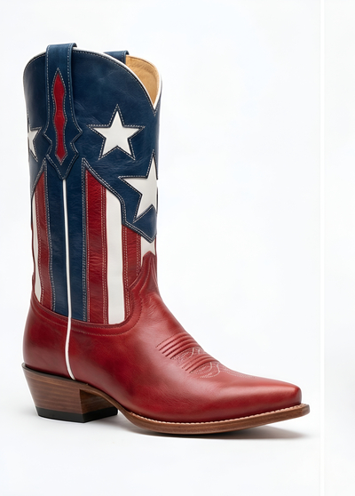 Crafted Leather Mens Red Blue and White Leather Pointed Toe Cowboy Boot