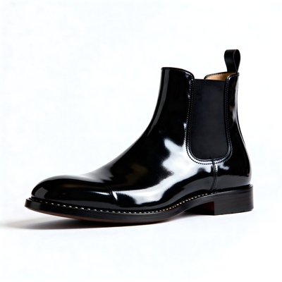 Crafted leather mens black patent leather chelsea boot