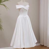 White Satin Tea Length Prom Party Dress - Thumbnail 2