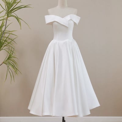 White satin tea length prom party dress