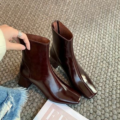 French-style elegant square-toe retro fashion slim ankle boots 
