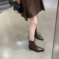 Pointed toe V-shaped opening wrinkled Western-style ankle leather boots 2 colors - Thumbnail 2