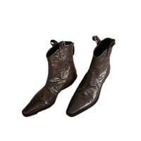 Pointed toe V-shaped opening wrinkled Western-style ankle leather boots 2 colors - Thumbnail 4