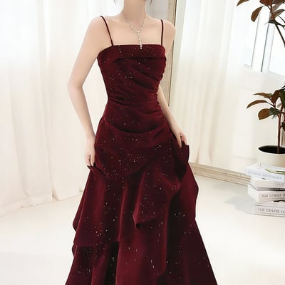 Burgundy sequin velvet spaghetti strap prom dress 