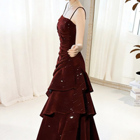 Burgundy Sequin Velvet Spaghetti Strap Prom Dress  - Thumbnail 1