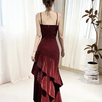 Burgundy Sequin Velvet Spaghetti Strap Prom Dress  - Thumbnail 2
