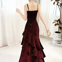 Burgundy Sequin Velvet Spaghetti Strap Prom Dress  - Thumbnail 3