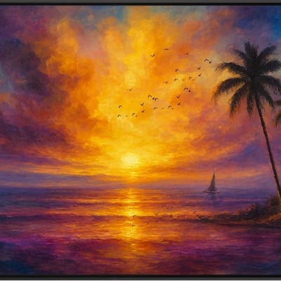 Ocean sunset escape - vibrant sky with sailboat and palms