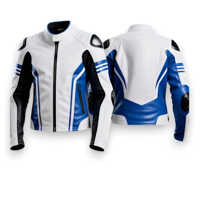 Crafted leather design blue white leather biker fashion jacket motorcycle - Thumbnail 1
