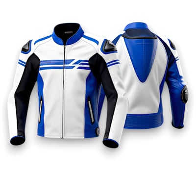 Crafted leather design blue white black leather biker fashion jacket motorcycle - Thumbnail 2