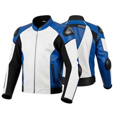 Crafted leather design blue white black leather biker fashion jacket motorcycle