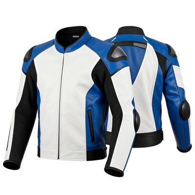 Crafted Leather Design Blue White Black Leather Biker Fashion Jacket Motorcycle