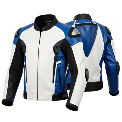 Crafted Leather Design Blue White Black Leather Biker Fashion Jacket Motorcycle