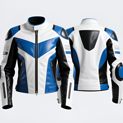 Crafted leather design blue white black leather biker fashion jacket motorcycle - Thumbnail 1